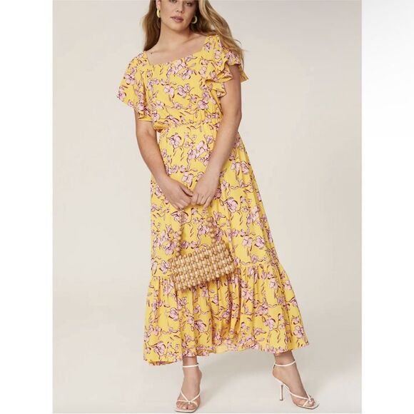 Sachin & Babi Yellow Flutter Sleeve Floral Print Maxi Dress Size 8 - Picture 2 of 10